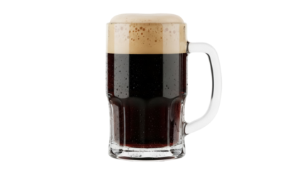 Dark beer in glass mug isolated PNG, refreshing stout with foam on transparent background for brewery and pub design