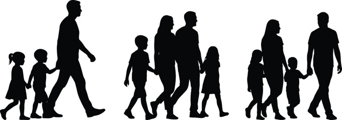 Family silhouettes walking together, parents and children holding hands isolated on white background happy lifestyle parenting illustration collection concept design