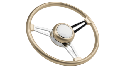 Classic gold steering wheel isolated PNG, vintage car part for restoration and customization projects on transparent background
