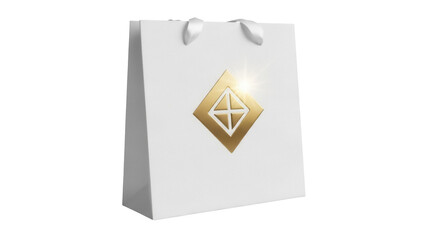 Elegant white shopping bag with golden logo isolated PNG, luxury retail package for fashion brands and upscale product presentation