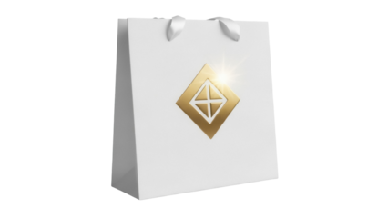 Elegant white shopping bag with golden logo isolated PNG, luxury retail package for fashion brands and upscale product presentation