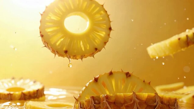Pineapple slices floating in mid-air with water droplets