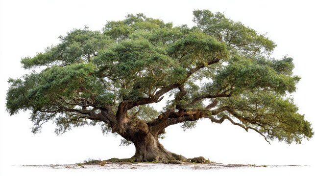 A grand, mature tree with a broad crown and gnarled trunk, isolated on white. Its dense foliage suggests healthy growth and old age