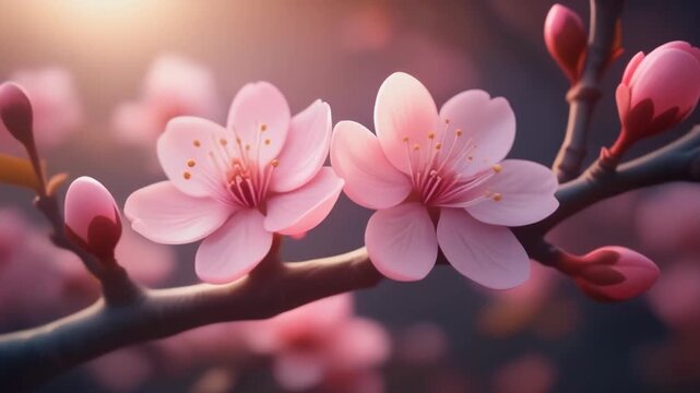 Luminous 3D Cherry Blossoms Blooming on Branch Springtime Close Up