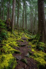 Obraz premium Moss Covered Stone Steps Leading Through a Dense Forest with Tall Trees and Autumn Leaves in Ambient Light