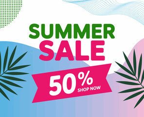 A bright and colorful graphic highlighting a summer sale with bold text. The design incorporates vibrant colors and tropical elements, attracting customers' attention.