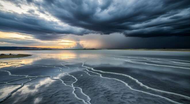 Dramatic Storm Clouds Reflected on Still Water, Revealing Intricate Lakebed Patterns Under a Serene Pre-Storm Sky