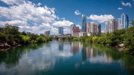 A vibrant urban landscape, featuring a river reflecting the city skyline under a clear blue sky dotted with fluffy clouds. Lush trees frame the waterway