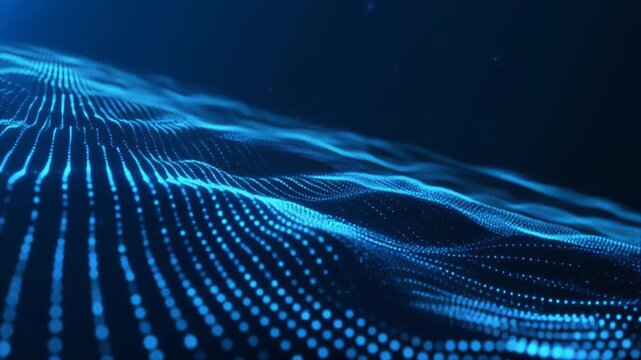 Digital wave surface of glowing blue dots in grid pattern on dark background, simulating data terrain.