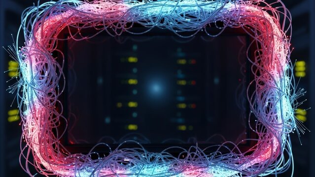 Abstract glowing wire frame with digital data background and vibrant neon colors. - Powered by Adobe