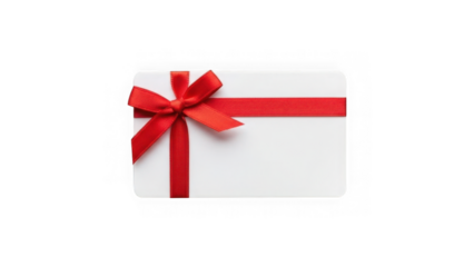 Blank gift card with red ribbon bow isolated on transparent background