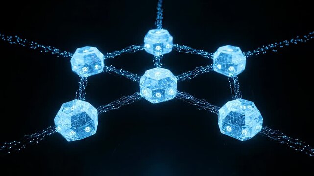 Abstract glowing blue geometric network structure on black background.