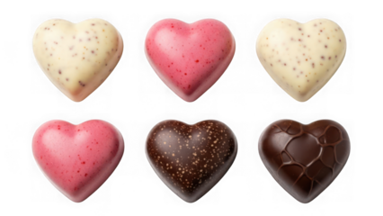 Assortment of gourmet heart shaped chocolates in various colors and designs  isolated on transparent background