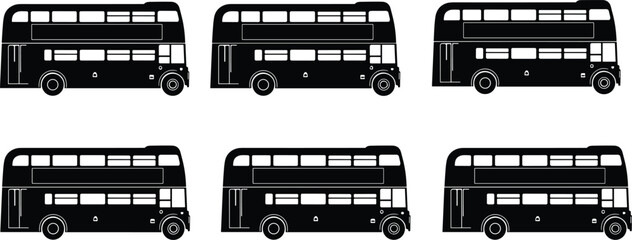 Double decker bus silhouette illustration set showing classic public transport vehicles isolated black vector urban travel design collection © MdTajemul
