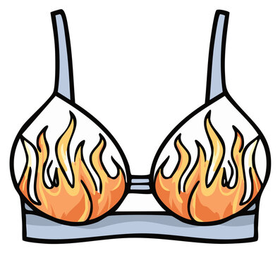 Cartoon illustration of a burning bra with flames design, fashion concept
