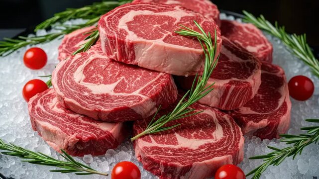 Premium Butcher Display: Stack of Raw Ribeye Steaks on Crushed Ice Garnished with Rosemary and Tomatoes, Meat and Gourmet