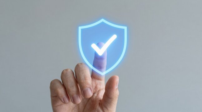 AI cloud computing and data analytics concept. Digital security symbol with a hand interacting with it. - Powered by Adobe