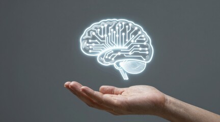 AI cloud computing and data analytics concept. A hand holding a glowing brain illustration with circuits.