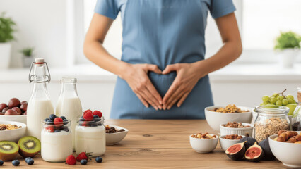Young woman in a grey apron making a heart shape with her hands over her stomach, surrounded by healthy breakfast options like yogurt parfaits, fresh fruits, and nuts