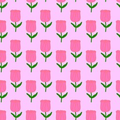 Seamless pink tulip floral pattern on a pink background. Hand-drawn botanical illustration for feminine textiles, spring wallpaper, nursery decor, and romantic gift wrapping paper.