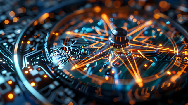 Futuristic compass made of circuit board elements symbolizing technological guidance - Powered by Adobe