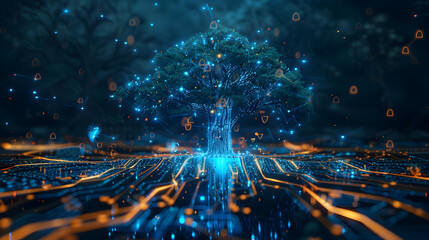 Glowing digital tree of circuitry with neon lights in futuristic technology concept