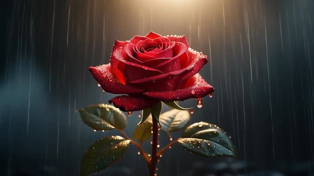 Vibrant Red Rose in the Rain Dramatic Lighting Concept