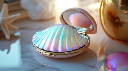 A small pastel seashell compact mirror with iridescent glow