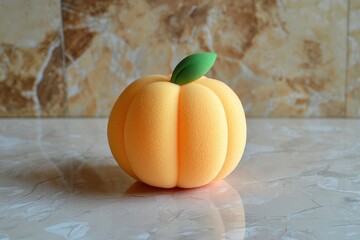 A small peach-shaped stress ball with a soft texture