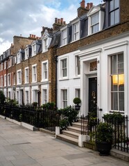 Fototapeta premium Elegant Georgian Townhouses Line a Historic London Street Under a Cloudy Sky.
