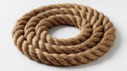 A close-up view presents a spiraling length of thick, coarse rope, meticulously coiled in a circular form against a plain white backdrop