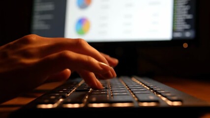 Close up of hands typing on a laptop keyboard with a blurred screen in the background displaying charts and graphs. - Powered by Adobe