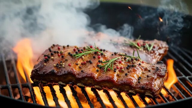 Gourmet BBQ Ribs: Glazed Pork Ribs Sizzling with Rosemary and Pepper on a Hot Grill Over Flames, Outdoor Cookout