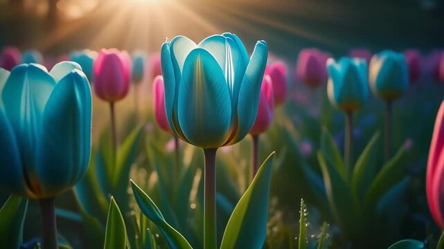 Glowing Tulips at Sunrise Field of Pink and Blue Flowers
