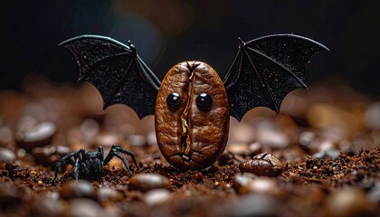 A whimsical coffee bean with bat wings and googly eyes sits on a bed of coffee beans with a small spider nearby creating a unique Halloween themed still life