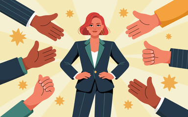 A confident woman stands tall in a business suit, receiving applause from diverse hands, symbolizing empowerment and success in the professional world. A celebration of ambition and achievement. © xie