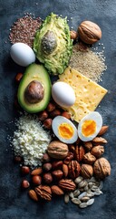 Assortment of keto foods, eggs, avocado, nuts, cheese