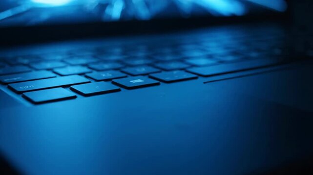 Close-up of a laptop keyboard illuminated by blue light.