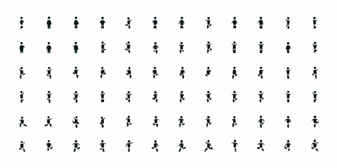 A grid of small dark figures resembling people walking in a uniform pattern