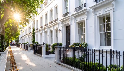 Naklejka premium Elegant White Townhouses Bathed in Golden Sunlight on a Serene London Street.