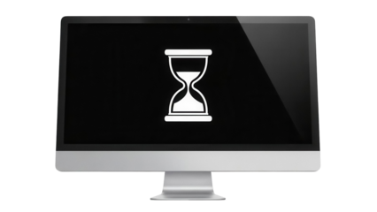 Modern computer monitor with hourglass icon PNG isolated on transparent background, loading symbol for website and graphic design