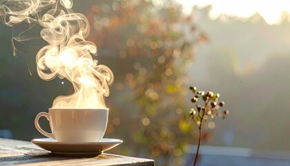 A white cup of steaming hot coffee sits on a saucer bathed in the warm golden light of a morning sunrise with a blurred background of autumn foliage and bokeh lights