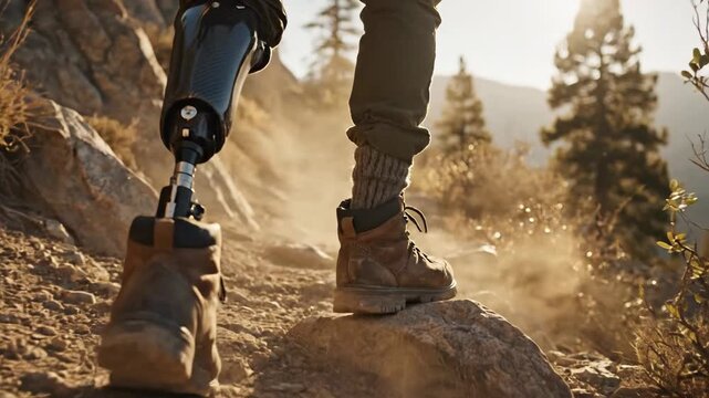 Close up of a person with a prosthetic leg hiking on a dusty mountain trail during golden hour with pine trees in the background