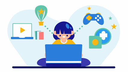 Illustration of a girl using a laptop surrounded by gaming and media related icons and elements art