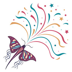 Fototapeta premium a whimsical illustration showcases a vibrant butterfly taking flight amidst a burst of colorful streaks and sparkling stars