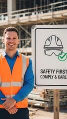 Smiling construction worker standing by safety sign on building site
