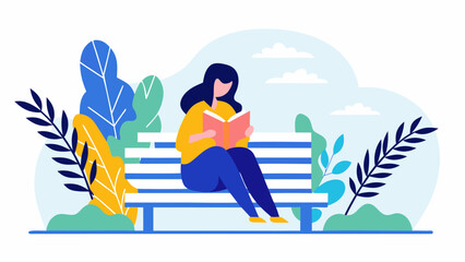 A woman is sitting on a park bench reading a book surrounded by stylized foliage and a cloudy sky view