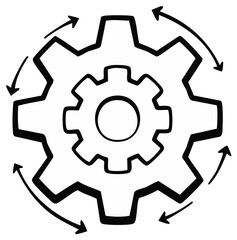 Obraz premium Hand-drawn gear mechanism with circular arrow motion symbol