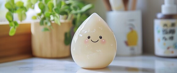 A small smiling raindrop-shaped soap dispenser