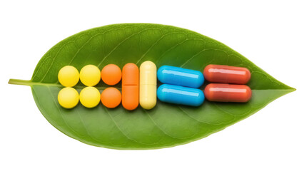 Colorful pills and capsules on green leaf isolated PNG, natural medicine concept for healthcare and...